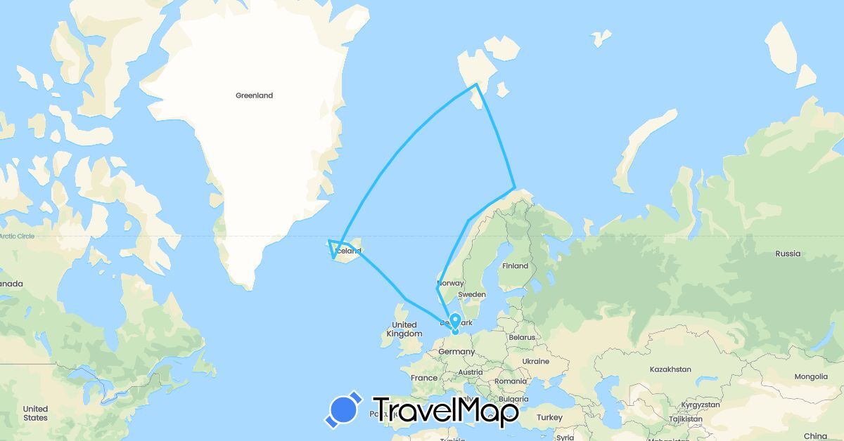 TravelMap itinerary: driving, boat in Germany, United Kingdom, Iceland, Norway (Europe)